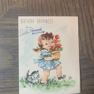 Girl with Kitten Carrying a Flowerpot, Birthday Happiness, 1950s Vintage Greeting Card, Craft Project, Collectible, ~ GC-2 57