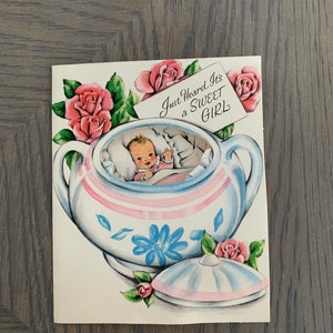 Just Heard It's a Sweet Girl, Baby Girl in Sugar Crib, Vintage Used Greeting Card, Stanley Greetings, Folding Card, Craft Project, ~ GC-5 66