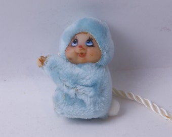 Monchhichi, Blue, Flocked, 3&quot;, Pencil Topper, Hugger, Plush Grabber, 1980s, Tiny Soft, Figurine, Stationery, Collection Vintage, ~ M-01-05
