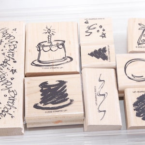 Joyeux anniversaire Chapeau de gâteau Ballon Bougie Texture Stampin Up 2002 - Jeu de timbres en bois Caoutchouc Message Stamps - vintage - 20-01-132 AA