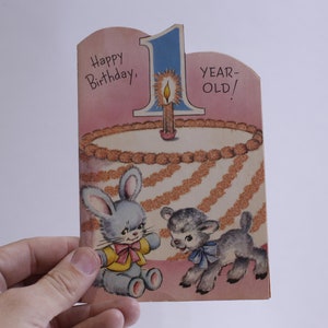 1st Birthday Cake, Bunny and Lamb, Used, Greeting Card, Folding, Keepsake, Retro, Craft Project, Vintage, Colletible, ~ WH-012 208