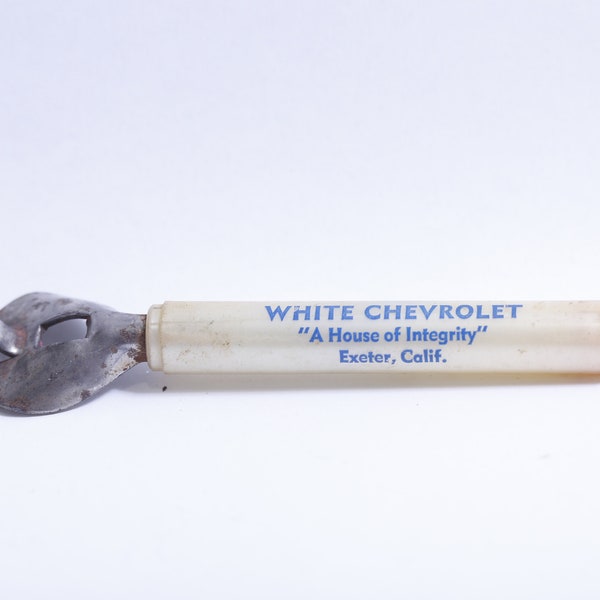 Vintage Can Opener, Bottle Opener, White Chevrolet, A House of Integrity, Exeter, California, Antique, Tool, Collectible, ~ WH-021 556