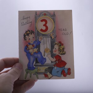 Children Looking at a Grandfather Clock, 3-Year-Old Birthday, Greeting Card, Used, Retro, Gifting, Framing, Craft Project, ~ 240128-WH 804