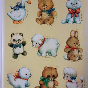 Adesivos de animais de pelúcia fofos Cartões Hallmark 1984 Folha de adesivos únicos Urso Gato Ovelha Coelho Panda Adesivos infantis vintage ~ 20-01-292