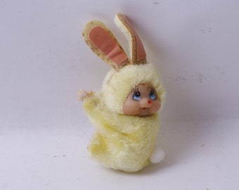 Monchhichi, Yellow, Rabbit, Flocked, 4&quot;, Pencil Topper, Hugger, Plush Grabber, 1980s, Tiny Soft, Figurine, Stationery, Vintage, ~ M-17-10