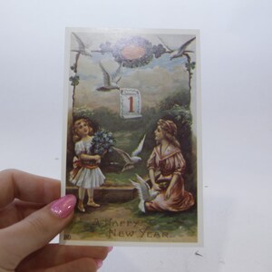 Bonne année, deux filles avec des oiseaux, carte postale rare, inutilisé, image couleur, artisanat, passe-temps, décor, vintage, collection, ~ WH-05 1261