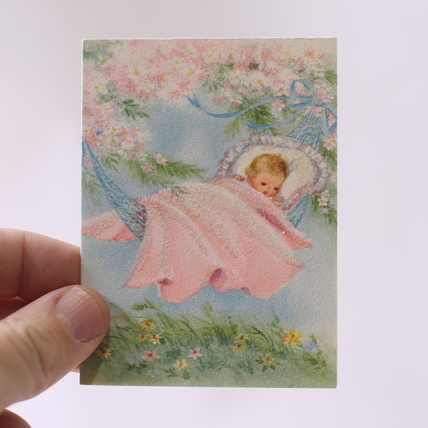 Cute Baby Sleeping in Hamak Covered with Pink Blanket, Pink Flowers, Adorable, Used Greeting Card, Vintage, Craft Project, ~ 240126-WH 803