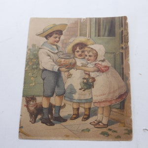 Viktorianische Handelskarte Kinder mit Fisch, Ma-Le-Na, Werbung, Medizin, Farbbild, Handwerk, Hobby, Dekor, Vintage, FLAWED ~ WH-05 957