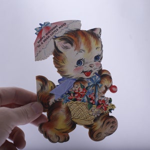 Cute Cat walking with Umbrella and Flower Basket, Birthday, Greeting Card, Used, Retro, Gifting, Framing, Craft Project, ~ 240128-WH 804