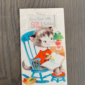 Doce aniversário de menina, gatinho fofo escrevendo um cartão, cartão vintage usado, cartão dobrável, projeto de artesanato, ~ GC-3 72