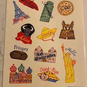 Bonjour, Au revoir, Langues, Français, Espagnol, Allemand, Russe, Feuille d’autocollants, GGI, Artisanat, Décor, Fabrication de cartes, vintage, ~ 20-01-936