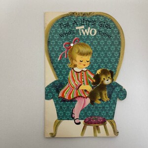 Girl in Armchair with Puppy, 2nd Birthday, Shape, Greeting Card, Hallmark, USED, Folding, Paper, Craft, Artistic, Vintage, ~ WH-012 210