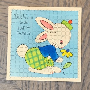 Cute Bunny with a Flower, Best Wishes to the Happy Family, New Baby, Vintage Used Greeting Card, Folding, Hallmark, Craft Project, ~ GC-5 66