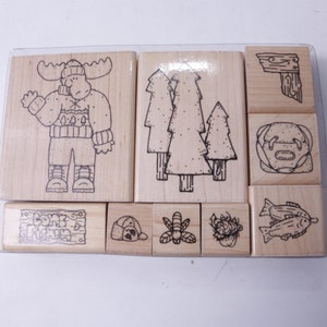 Pêche, Camping, Vacances, Arbres, Sac à dos, Poisson, Passe-temps, Jeu de timbres, Bois, Caoutchouc, Timbres Message, Vintage, Fabrication de cartes, ~ M-23-11