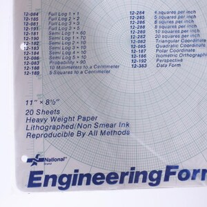 Könnte beinhalten: Eine Packung mit 20 Blatt 28 cm x 21,5 cm schwerem Graphenpapier. Das Papier ist mit blauen Linien lithographiert und mit allen Verfahren reproduzierbar. Das Papier ist mit "Engineering Forms" und "National Brand" gekennzeichnet.
