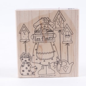 Les Fleurs Flowers Girl Dress Hat Bow Basket Bird House - Carimbo de mensagem - Carimbo de borracha de madeira - Vintage - Fabricação de cartões ~ 20-01-118