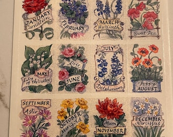 Birth Flowers, Months, Floral, Calendar, Retro, Waterpaint, Sticker Sheet, Hallmark, Craft, Decor, Card Making, Vintage, ~ 20-32-1114