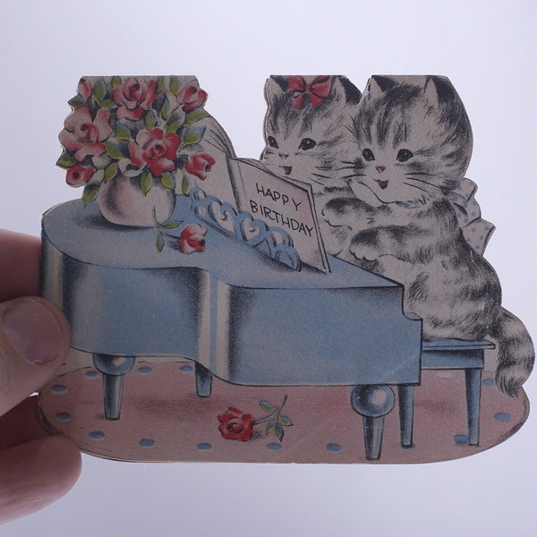 Two Kittens playing Piano, Happy Birthday, Greeting Card, Used, Retro, Gifting, Framing, Craft Project, ~ 240128-WH 804