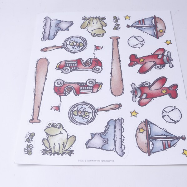 Sports, Baseball, Roller-Skates, Frog, Boat, Car, Plane, 2003, Stampin' Up, Sticker Sheet, Craft, Hobby, Card Making, Vintage, ~ 20-02-46