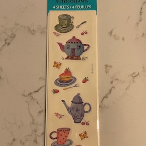 Pendaison de crémaillère, tasse à thé, théière, gâteau, fraises, papillon, autocollants, 4 feuilles, poinçon, artisanat, décoration, fabrication de cartes, vintage, ~ 20-01-352