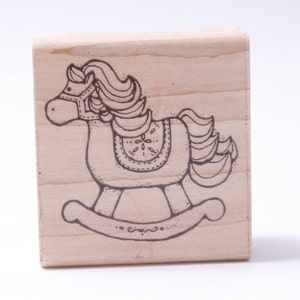 Cavalo de balanço, brinquedo, criança, crianças, carimbo de mensagem, madeira, borracha, carimbo, vintage, confecção de cartões, ~ 20-28-971