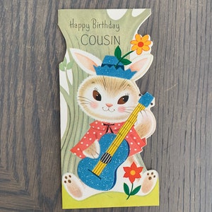 Happy Birthday Cousin, Hare Playing a Guitar, 1950s, Vintage Used Greeting Card, Folding Shape Card, Rust Craft, Craft Project, ~ GC-3 72