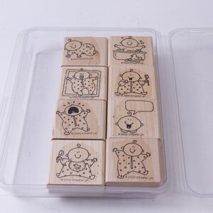 Bebé, durmiendo, bañándose, llorando, comiendo, gateando, título, juego de sellos, madera, caucho, sellos con mensajes, vintage, fabricación de tarjetas, ~ 20-33-69