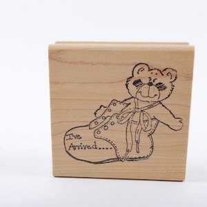 He llegado lindo oso de peluche en zapato bebé bebé - sello de mensaje - sello de goma de madera - Vintage - fabricación de tarjetas ~ 41