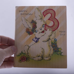 Cute Bunny holding Number Three, Dancing Bunnies, Birthday, Greeting Card, Used, Retro, Gifting, Framing, Craft Project, ~ 240128-WH 804