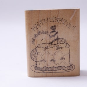 Joyeux anniversaire, gâteau, bougie, enfant, fête, DOTS, 1989 - Timbre Message - Bois, Caoutchouc, Timbre - Vintage - Fabrication de cartes ~ 20-30-1047
