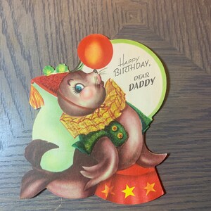 Circus Seal Playing with a Ball, Happy Birthday Dear Daddy, 1950s Vintage Greeting Card, Bonnie, Craft Project, Collectible, ~ GC-2 57