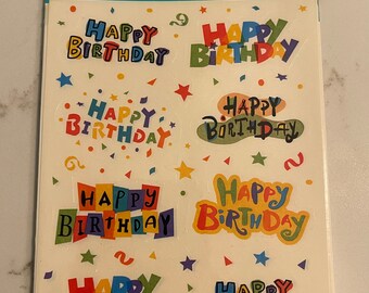 Happy Birthday, Colorful, Words, Greeting, Message, Sticker Sheet, Set of 4, 1995, Hallmark, Craft, Decor, Card Making, Vintage, ~ 285