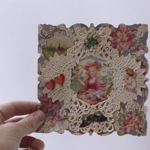 Victorian Valentine Lace Girl in Floral Frame with Angel, Used Greeting Card, Touching Message, Retro, Craft Project, ~ 240210-WH 862