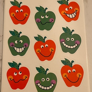 Manzanas, Emoji, Gracioso, Caras, Emociones, Sonrisas, Fruta, Otoño, Hoja de Pegatinas, Sello, Artesanía, Decoración, Fabricación de Tarjetas, Vintage, ~ 285