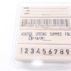 Code à barres, hiver printemps été, chiffres, nom, date, Down to business, tampon, tampon à message, tampon en caoutchouc, emboutissage, fabrication de cartes ~ M-13-06