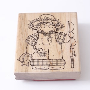 Pescador, Niño, Pesca, Madera, Goma, Sello de mensaje, 3.5 ", Fabricación de tarjetas, Artesanía para niños, Pasatiempo, Papelería, Vintage, ~20-17-577