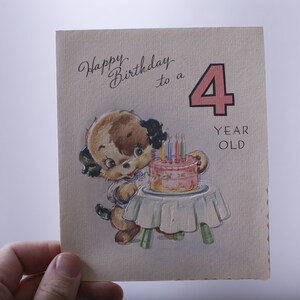 Cute Puppy with Birthday Cake, 4 Years Old Birthday, Greeting Card, Used, Retro, Gifting, Framing, Craft Project, ~ 240128-WH 804