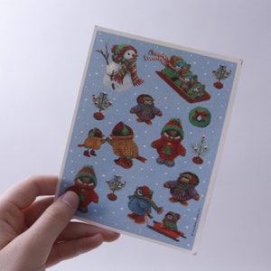 Noël, oiseaux, bonhomme de neige, arbre, plaisirs d'hiver, vacances, feuille d'autocollants, poinçon, artisanat, décoration, fabrication de cartes, vintage, ~ 20-01-345
