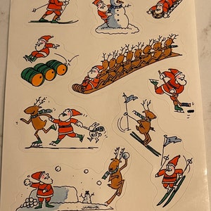 Natal, Papai Noel, Renas, Diversão de Inverno, Esportes, Folha de Adesivos, 1984, Hallmark, Artesanato, Decoração, Confecção de Cartões, Vintage, ~ 20-01-1177