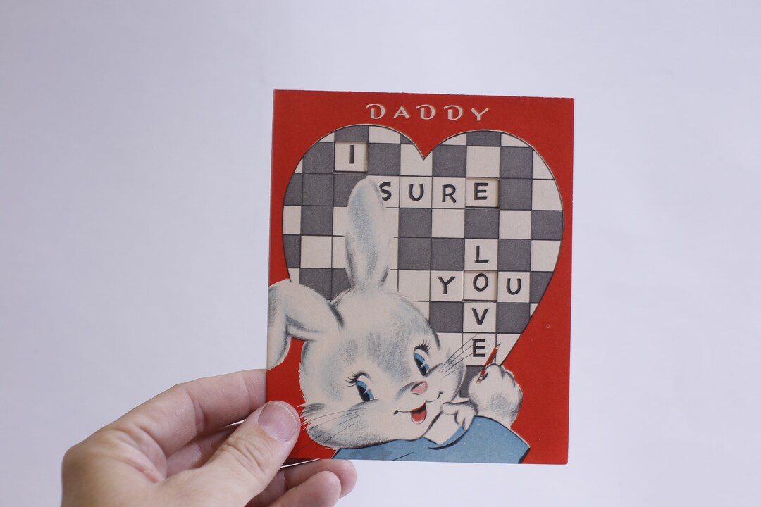 Rabbit Solving Crossword Puzzle, Love, Used, Valentine Card, Folding