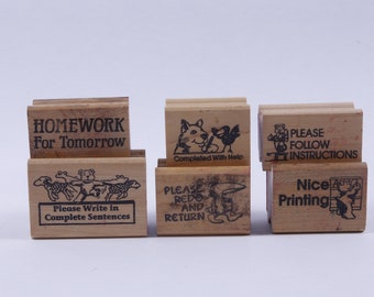 School, Leraar, Huiswerk, Instructies, Lezen, Schrijven - Stempel Set, Houten, Rubber, Boodschap Stempels - Vintage - Card Making ~ 20-01-133