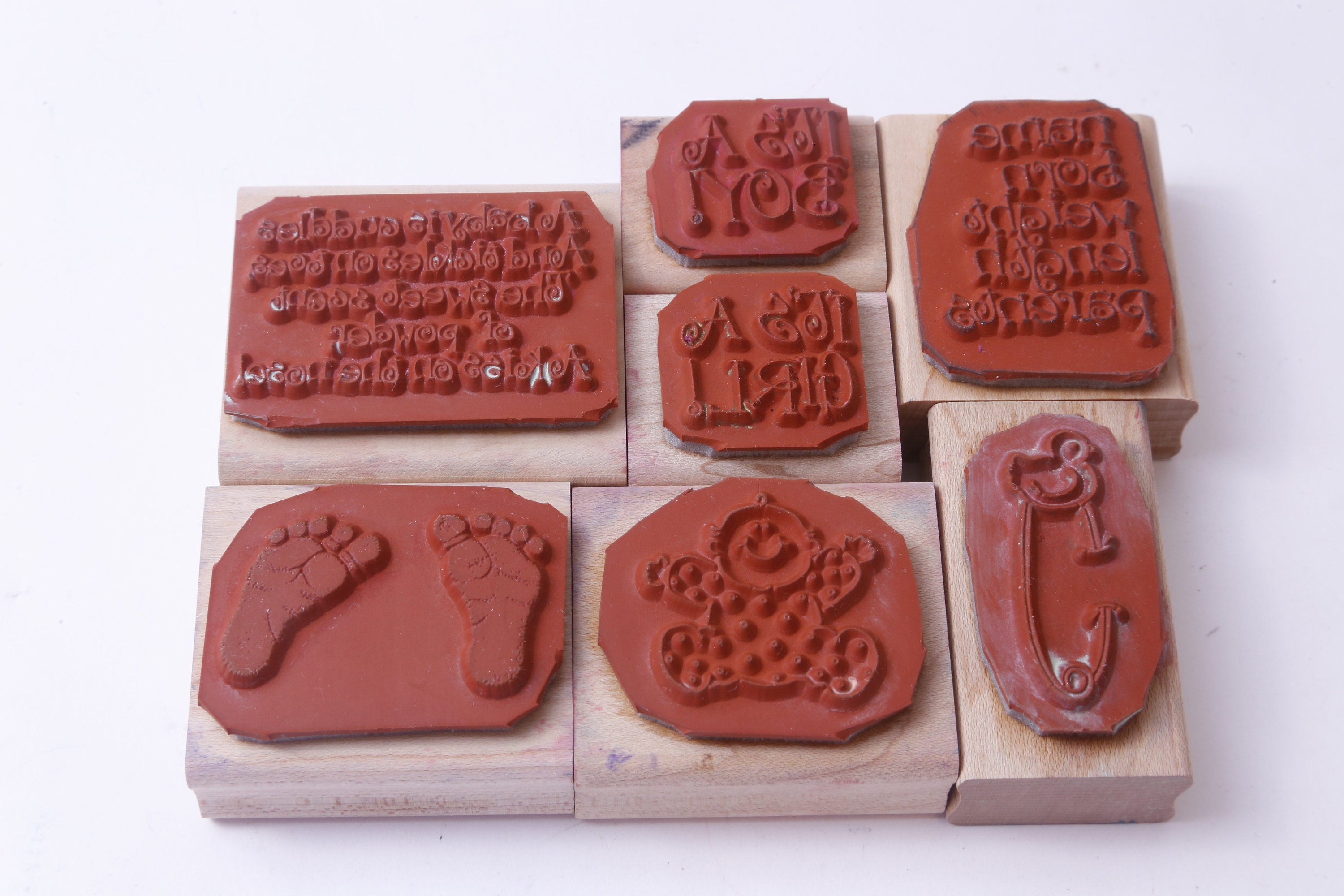 Vintage Poetry ~ 20-34-1194 Message Stamps Boy Girl Baby Shower Card Making Diaper Pin Rubber Little Feet Stamp Set Wooden