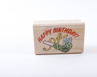 Happy Birthday Greetings Party - Message Stamp - Wooden Rubber Stamp - Vintage - Card Making ~ 20-11-378