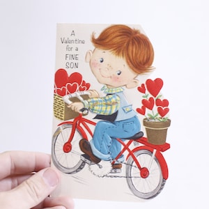 Little Boy Riding on a Bicycle with Hearts, Valentine's Card, USED, Shape Card, Folding, Adorable, Craft Project, Vintage, ~ WH-08 1294