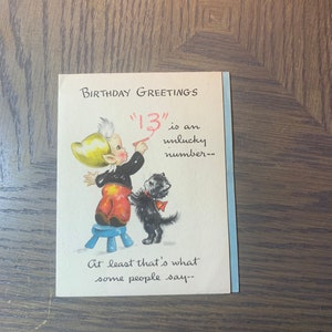 Birthday Greetings, 13-Years-Old, Cute Boy with Black Kitten, 1950s Vintage Greeting Card, Craft Project, Collectible, ~ GC-2 57
