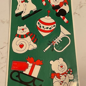 Natal, diversão de inverno, patins, panda, ursinho de pelúcia, trenós, folha de adesivos, 1984, marca registrada, artesanato, decoração, confecção de cartões, vintage, ~ 20-01-1177