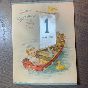Happy Birthday Baby Dear, 1 Year, Little Boy with Cute Animals in a Boat, 1950s Vintage Greeting Card, Craft Project, Collectible, ~ GC-2 57