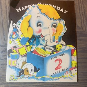 Happy Birthday, 2-Years-Old, Plush Effie Elephant with Baby Toys, 1950s Vintage Greeting Card, Craft Project, Collectible, ~ GC-2 57
