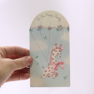 Cute Pink Baby Giraffe Flying a Parachute, To The Happy Family, Adorable, Used Greeting Card, Vintage, Craft Project, ~ 240126-WH 803