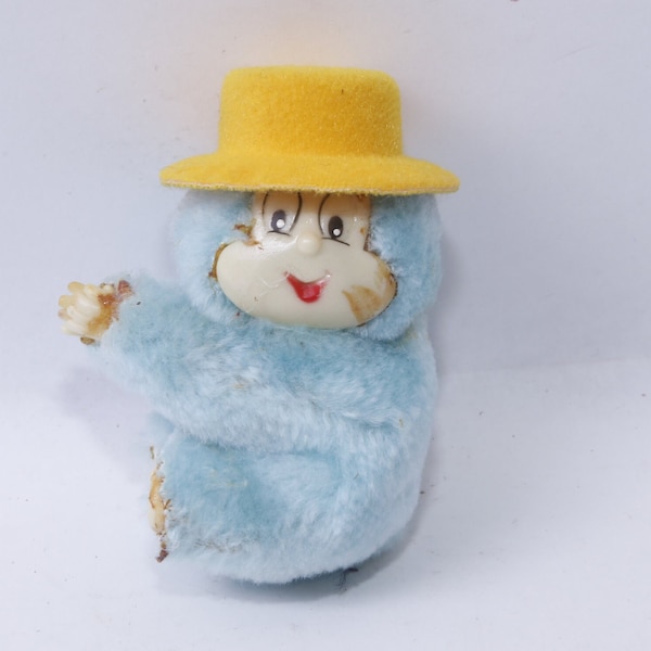 Blue Bear, Yellow Hat, Flocked, Pencil Topper, Hugger, Plush Grabber, 1980s, Tiny Soft, Figurine, Stationery, Collection Vintage, ~ M-25-12